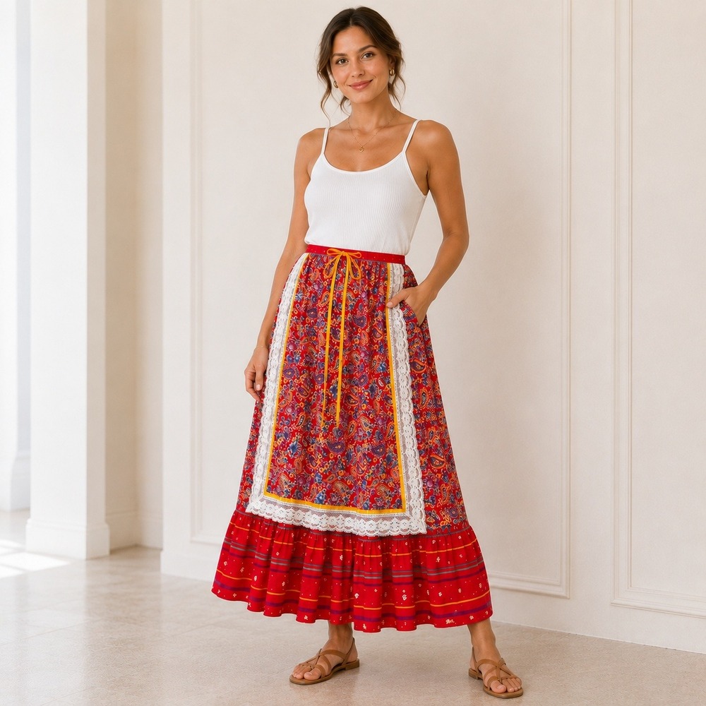 VTG Tumbleweeds Maxi Skirt L/XL Red Paisley Lace 80s Boho Prairie Cottage Pocket